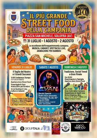 Solofra (AV) ospiterà tre giornate dedicate allo street food campano, alla musica live, al cabaret e all’animazione per bambini. Dal 31 luglio al 2 agosto la città diventerà un punto di riferimento per gli eventi estivi in Campania
